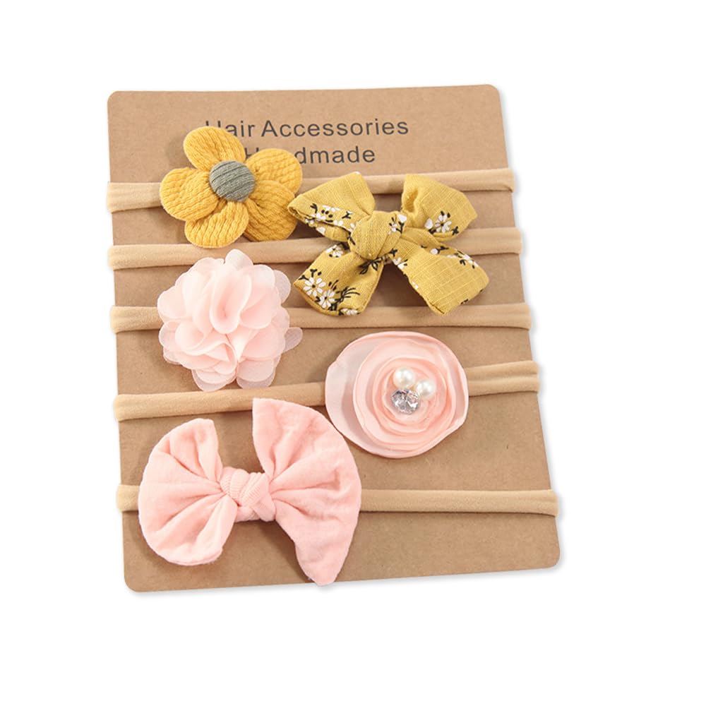 Anzailala Baby Hair Band 5 Pcs Hairband For Baby Girl Flower Hairband For New Born Baby Girl 06 Months (Yellow + Pink)