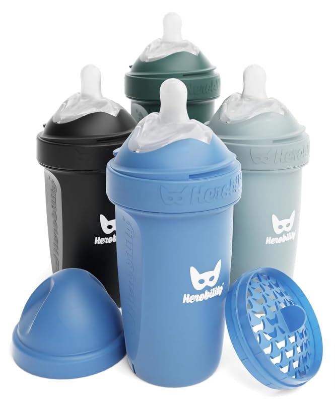 Herobility Double Anti-Colic Baby Bottles - 8.5 Fl Oz/240Ml - 4-Pack - Multicolor - Denim, Black, Dusky Green, Gray