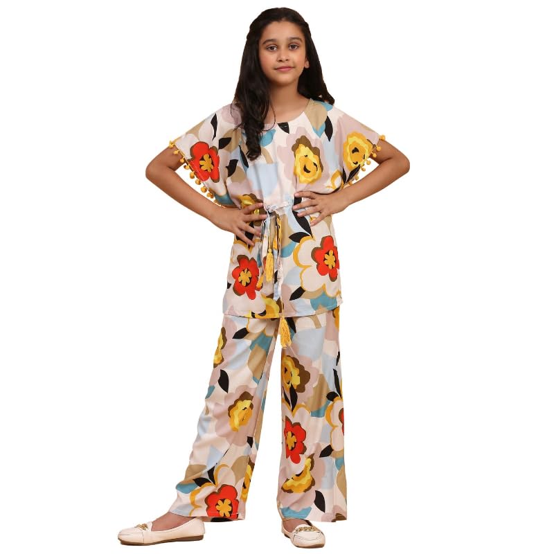 Ninos Dreams Girls Cotton Rayon Kaftan with Palazzo Set White Multicolor Floral