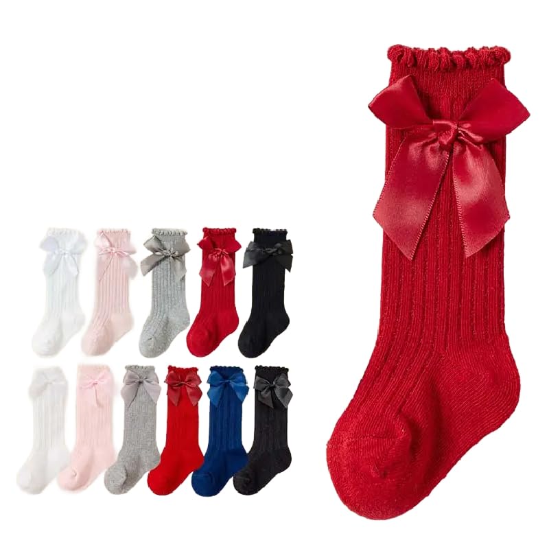 The Dds Store Baby Girls Knee High Socks Bow Tube Ruffled Knit Cotton Long Stockings For Infants (In, Age, 12 Months, 24 Months,