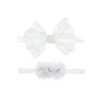 Nishine 2 Pack Baptism White Newborn Bowknot Headbands Baby Christening Hair Bows Headwrap Toddler Hairband (Pearl Button)