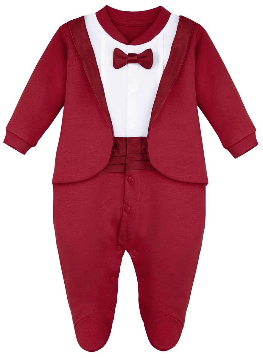 Lilax Baby Boy Gentleman Tuxedo Footie Christmas Holiday Outfit With Bow Tie (12 Months, Red)