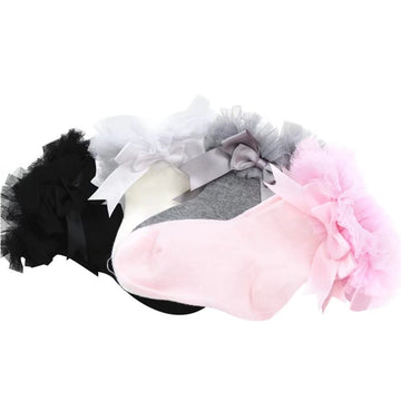 Achiyi Baby Girls Ruffle Socks Infant Toddler Bowknot Lace Tutu Socks 4 Packs White/Black/Gray/Pink/Multicolor 1T-3T (S)