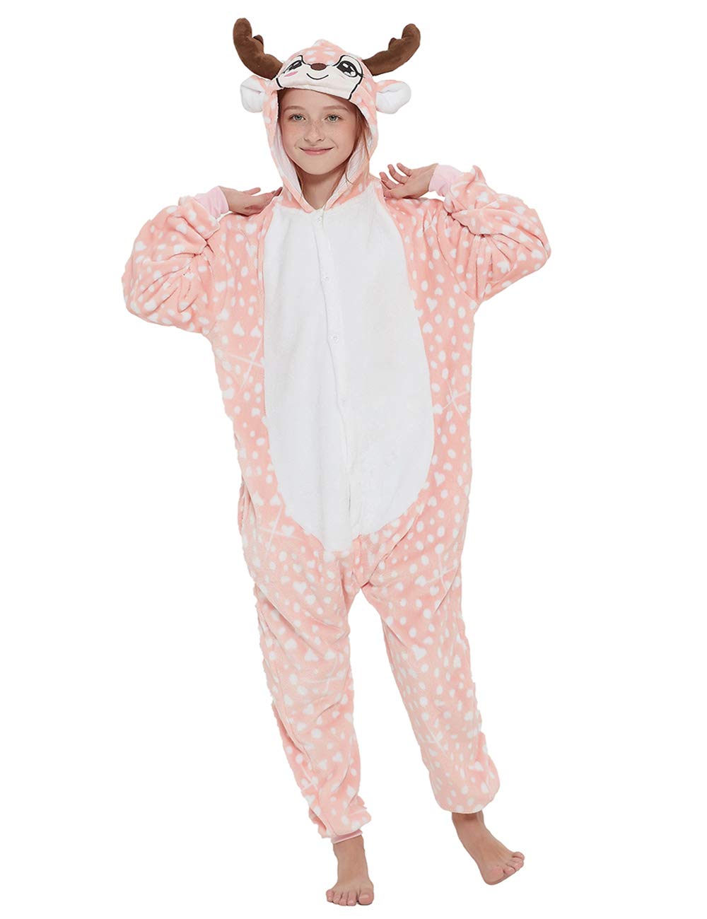 Abenca Kids Deer Onesie Reindeer Costume Animal Girls Pajamas Christmas Halloween Cosplay Sleepwear.Pink Deer.140