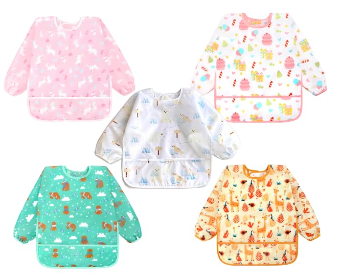 Accmor 5 Pack Long Sleeve Baby Bibs, Waterproof Sleeved Bib, Toddler Soft Bib For 24-36 Months