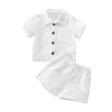 Baby Boys Clothes Set Toddler Infant Boys Button-Down Shirt Tops + Cotton Gauze Shorts Summer Outfit 2Pcs With Pockets (White, 0