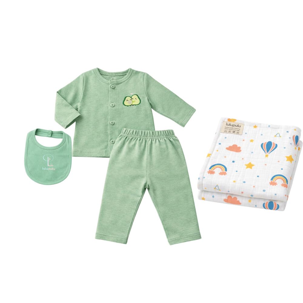LULUPULU Newborn Baby Gift Set  100% Organic Muslin Swaddle & Single Jersey Dress with Bibs | Soft Breathable Regular Fit Infan