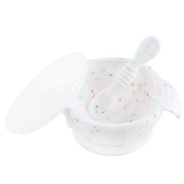 Bumkins Baby Bowls, Silicone Baby Feeding Set, Suction Bowls for Baby and Toddler with Spoon and Lid, First Feeding Set, Platinu