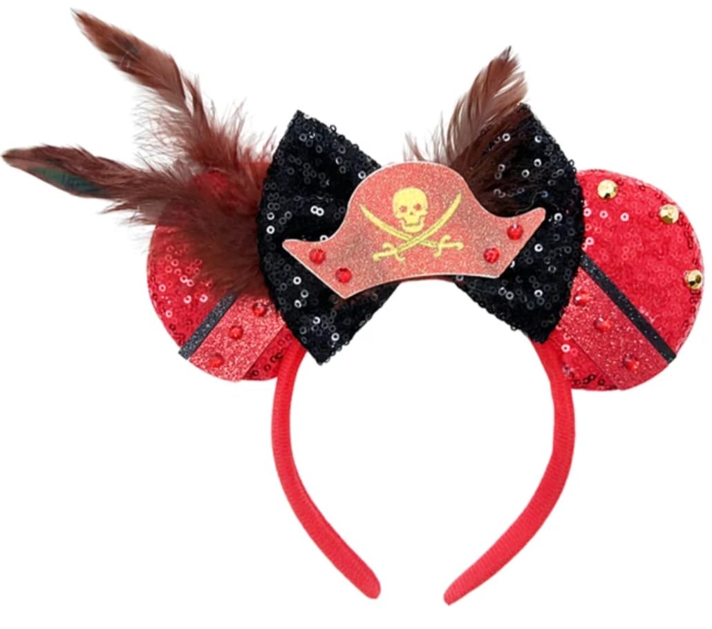 Clgift Captain Hook Minnie Ears,Pick Your Color, Flower Minnie Ears, Floral Minnie Ears, Purple Sparkle Mouse Ears (Pirate Red)