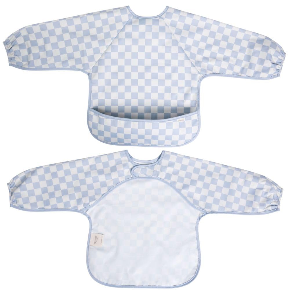 Ali+Oli Smock Bib for Baby (1-pc) Long Sleeve (Blue Checkers) BPA-Free Oeko-Tex Certified, Mess Proof Baby Bib for Eating, Water