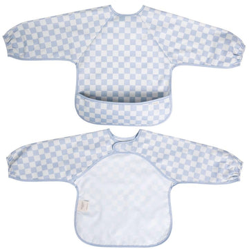 Ali+Oli Smock Bib for Baby (1-pc) Long Sleeve (Blue Checkers) BPA-Free Oeko-Tex Certified, Mess Proof Baby Bib for Eating, Water