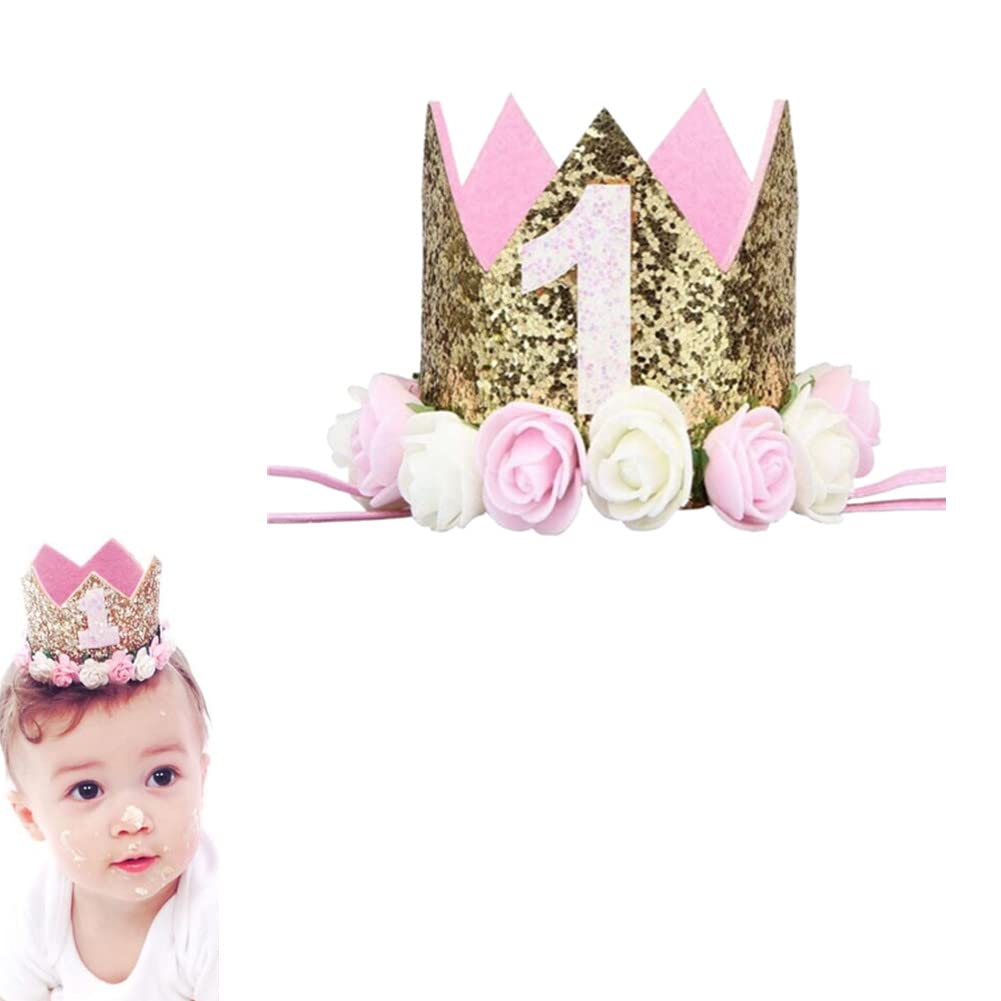 Sparkle 1St Baby Crown Headband Hat, Glitter First Birthday Flowers Crown For Princess Girl Baby Show Toddler Photography (Pink