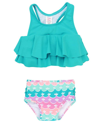 Rufflebutts Baby/Toddler Girls Mermaid Aqua Ruffle Bikini - 12-18M