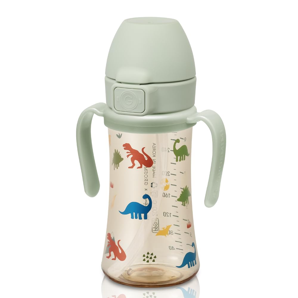 Grosmimi Flip Top Spill Proof Sippy Cup, Ppsu, Bpa Free, 10 Oz, Stage 2 Straw For Toddlers (Dinosaur)
