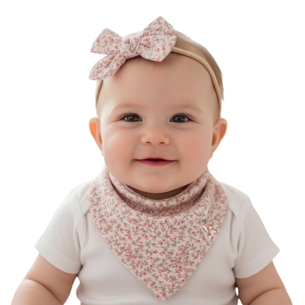 Polka Tots Cotton Floral Print Bow Headband With Reversible Bandana Bib Set  Pink