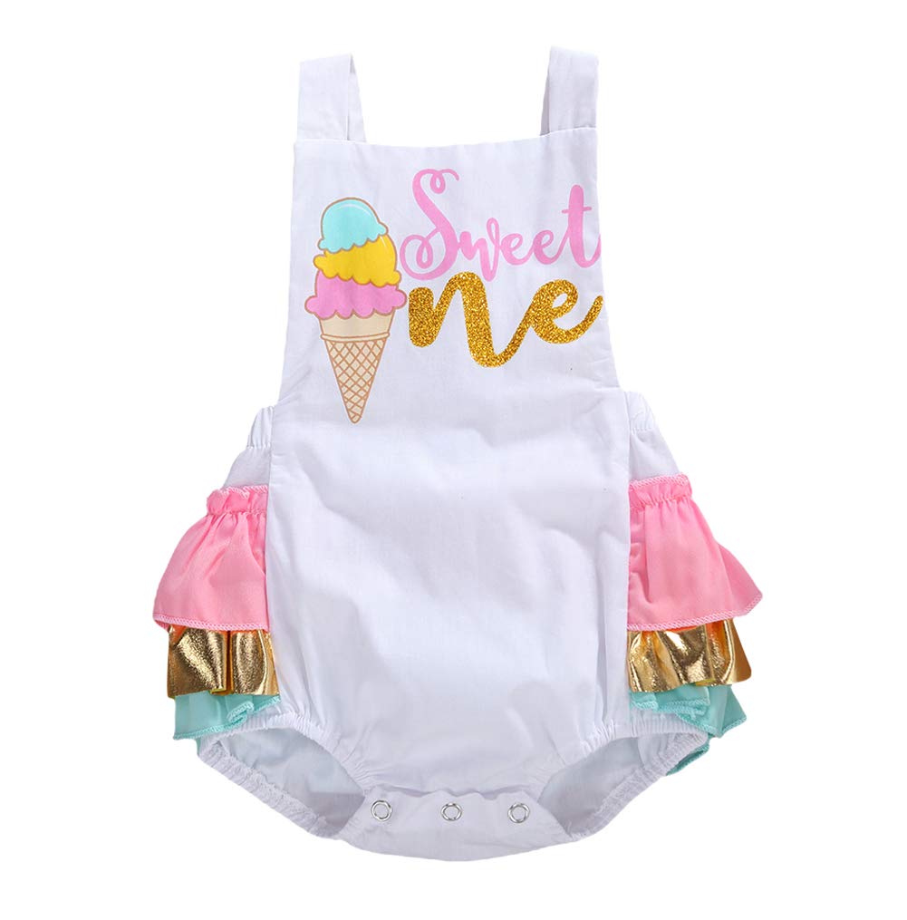 Cute Baby Girl First Birthday Outfit Halter Romper Ice Cream Cake Smash Bodysuit Sunsuit (A-White, 6-12 Months)