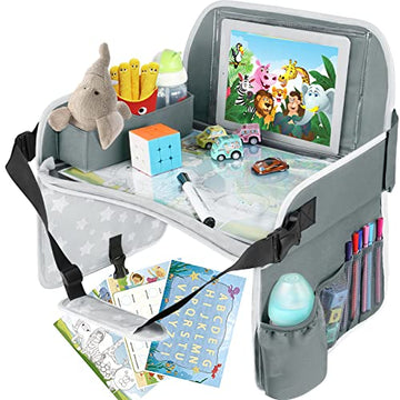 Menzoke Kids Travel Tray Car Seat Tray For Boys Or Girls Travel Gifts With Educational Drawing Board, Tablet Holder & Cooler Cup