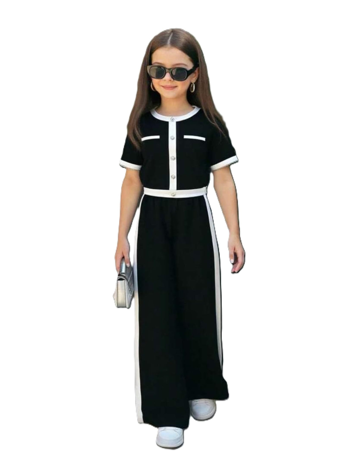 Blood Panther Girls Black And White Contrast Trim CoOrd Set, Short Sleeve Button Top And Wide Leg Pants Outfit (89 Years)