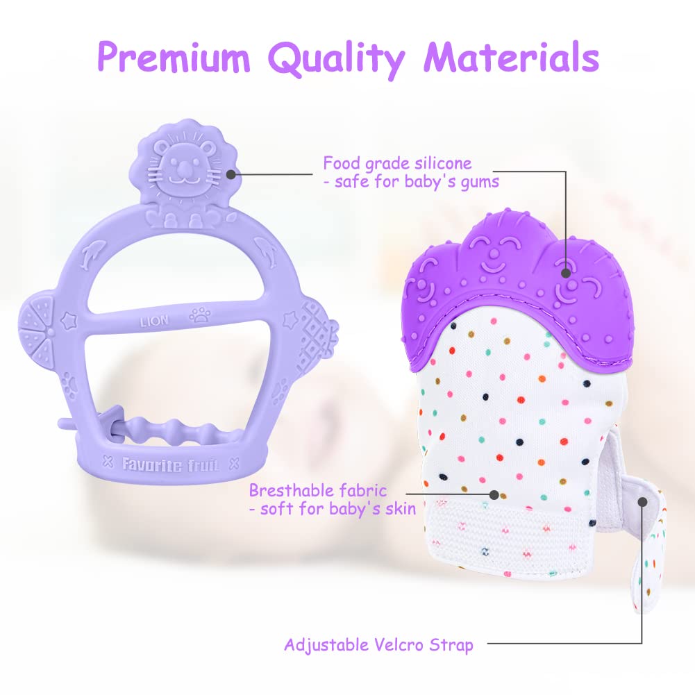 Vicloon Silicone Teething Mitt, 2Pcs Teething Mitten with Adjustable Strap, Crinkle Sound and Textured, Self Soothing Baby Chew
