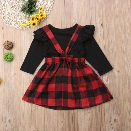 Mubineo Toddler Baby Girl Infant Plain T Shirts Plaid Overall Skirt Set Cotton Outfits (Black+Red, 2-3T)