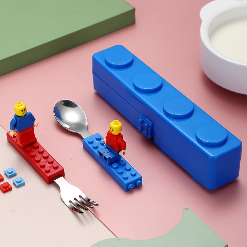 Samvardhan Building Blocks Theme Baby Feeding Stainless Steel Spoon & Fork Set For Kids Tableware Cutlery Suitable For Kids Picn