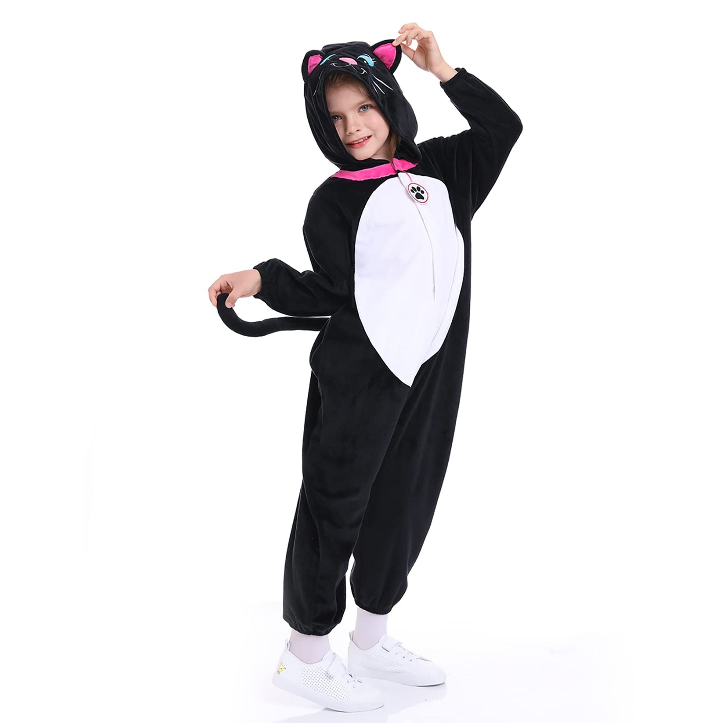 Funivals Animals Kitty Cosplay Costume Unisex Kids, Plush Black Cat Jumpsuit Pajamas Child For Halloween Christmas Party (M(For