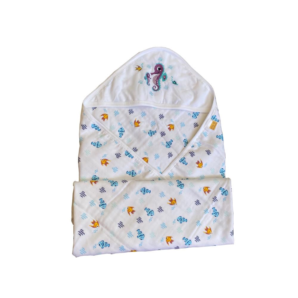 Little Sudhams 4Layered Muslin Cotton Baby Hooded Towel for Newborn (Fishes & Bubbles)