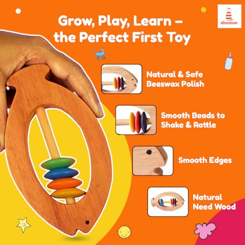 Shumee Wooden Fish Rattle Rings and Teethers for Infants | Sensory Toy | 100% Safe, Natural & Eco-Friendly | 6 Months+