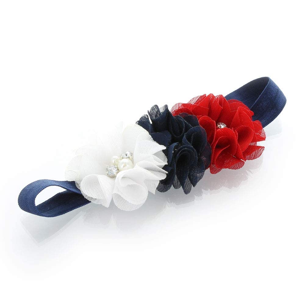 My Lello Baby Flower Headbands Toddler Fabric Beaded Trio Stretchy Elastic Pair (Red/Navy/White/Red)