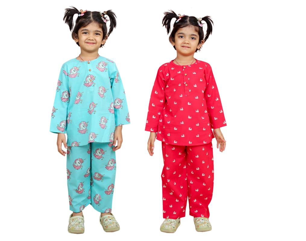 CHHEENT JUNIOR Girl Combo Cotton Night Suit | Pajama Set | Dress | Pant Set | Baby Suit (34 Years, Red Turquoise, Combo Pack of