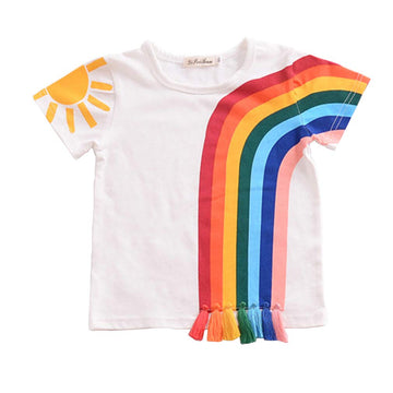 Toddler Kids Baby Boy Girl Short Sleeve Tassel Rainbow T-Shirt Striped Summer Casual Tops (White, 18-24 Months)
