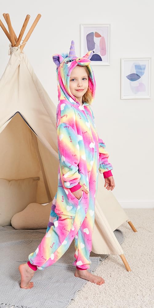 Riverchan Kids Unicorn Onesie Animal Pajamas Halloween Cosplay Costume Sleepwear Gift For Girls And Boys (6-8 Years, Rainbow Lov