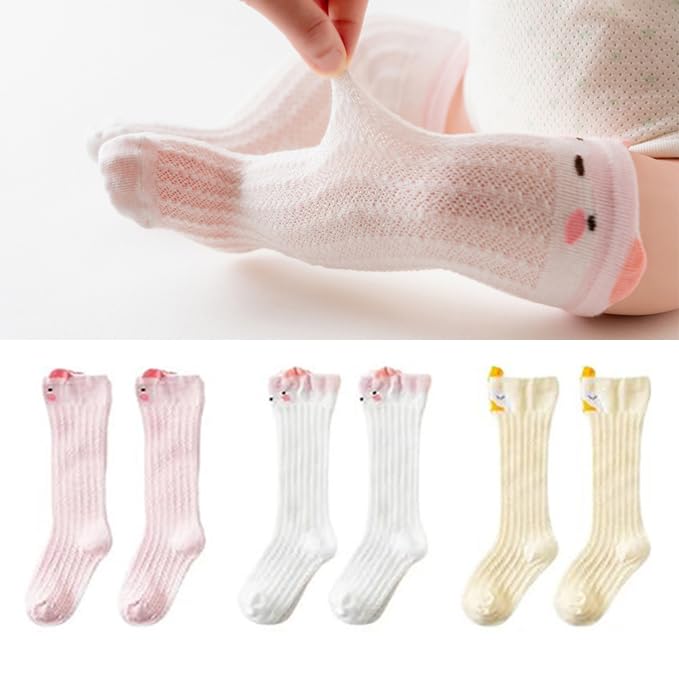 Snowie Soft 3 Pairs Baby Girls Stocking Polyester Cotton Mesh Stocking Knee High Breathable Summer Stockings Cartoon Baby Stocki