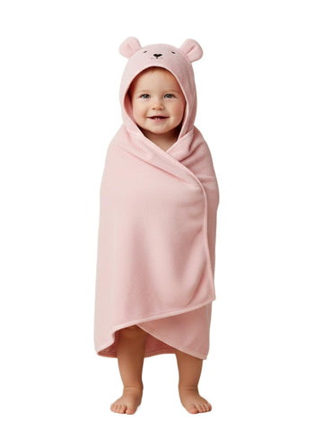 Creeva Cuddle Baby/Kids Hooded Bath Towel In Baby Peach  Soft Bamboo Cotton With Cute Cartoon Face & 3D Ears 100% Bamboo Cotton