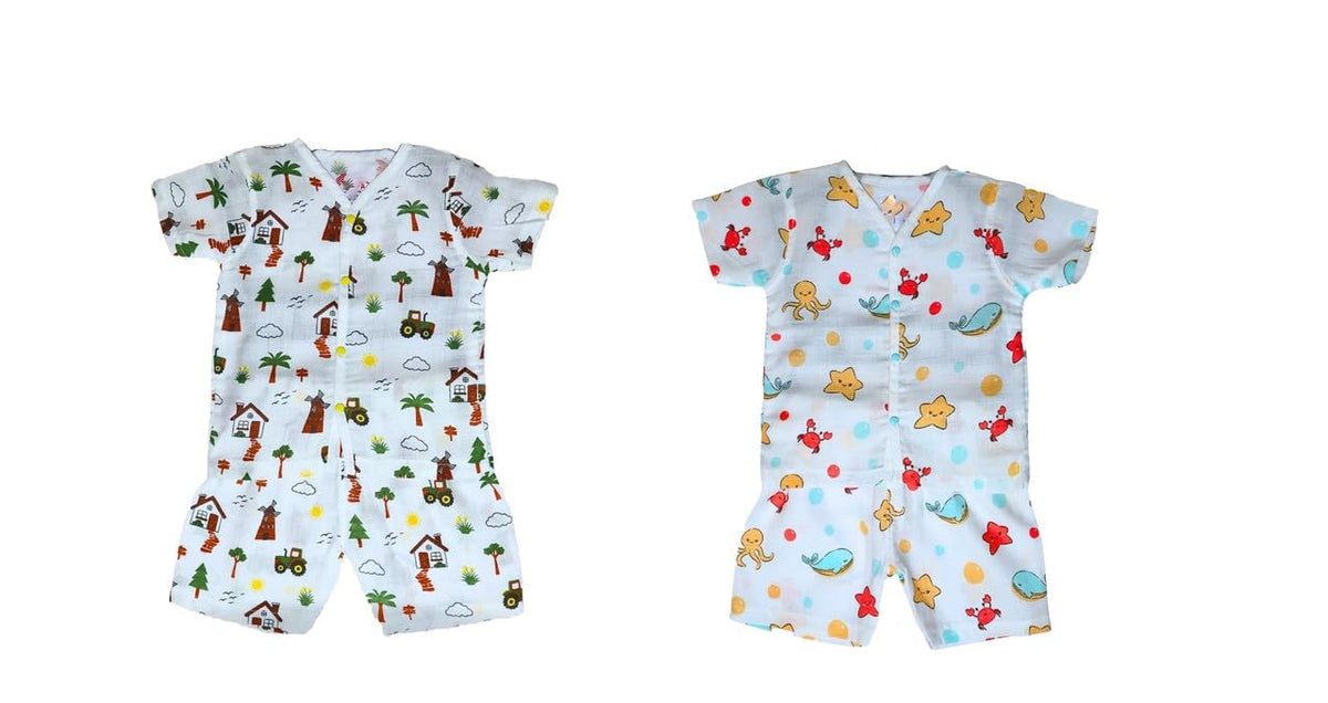 Gmr Baby Boys/Girls Muslin Organic Cotton Half Sleeve Jabla With Shorts/CoOrd Set White Printed 23 Years  Pack Of 2