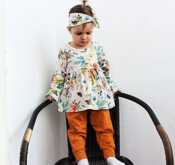 3Pcs Baby Girl Clothes Ruffle Floral Shirt Tops Pants Headband Outfit Sets (Yellow, 6-9 Months)