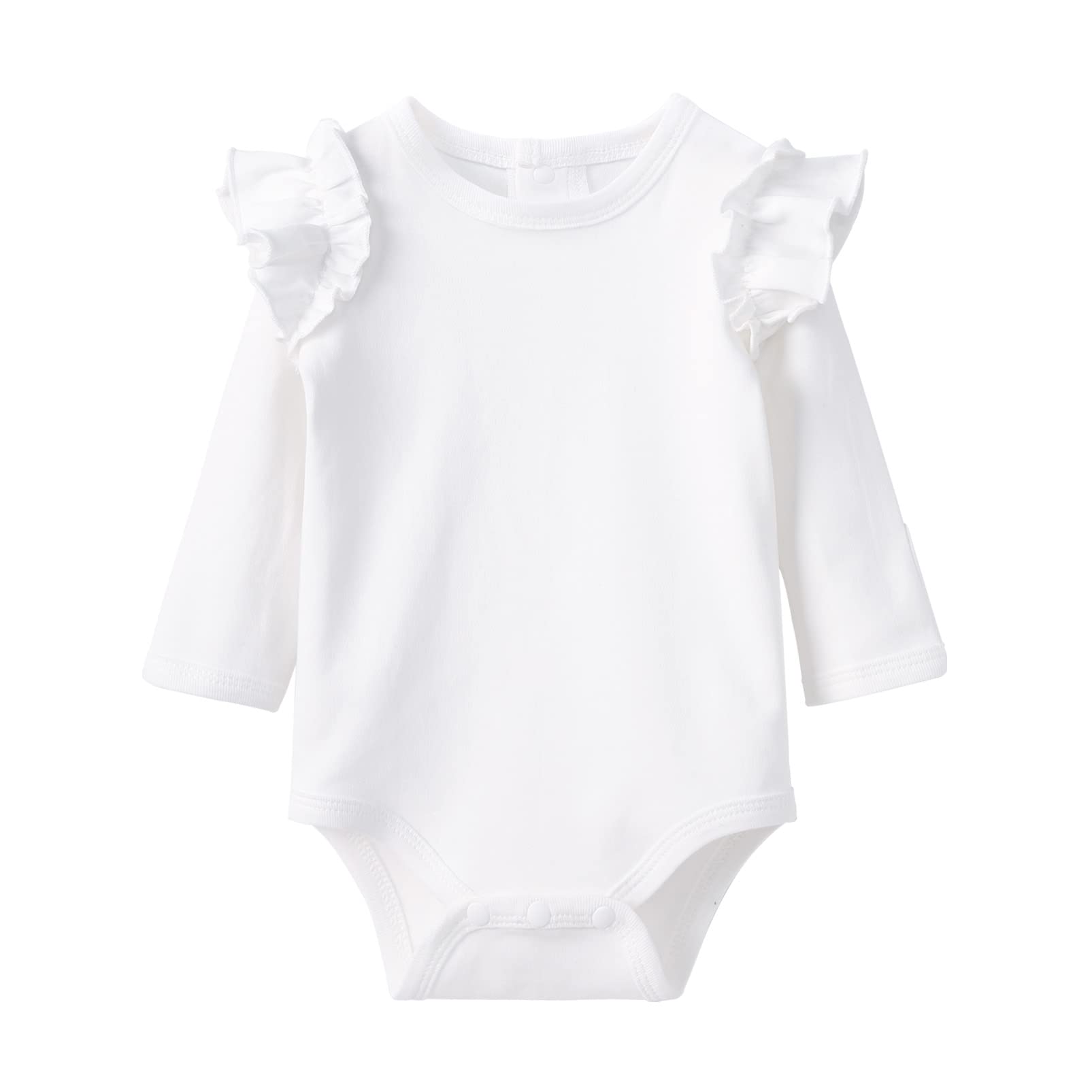 Pureborn Baby Girls Organic Cotton Bodysuit Infant Girl Long Sleeve Ruffle Shoulder White Spring Fall Bodysuit 12-18 Months