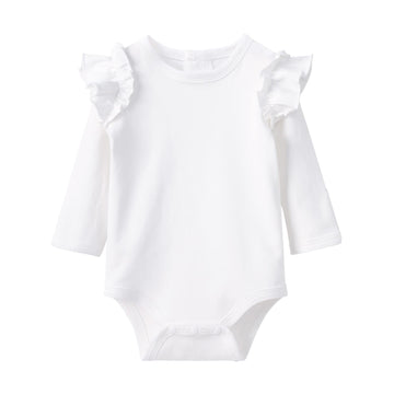 Pureborn Baby Girls Organic Cotton Bodysuit Infant Girl Long Sleeve Ruffle Shoulder White Spring Fall Bodysuit 12-18 Months
