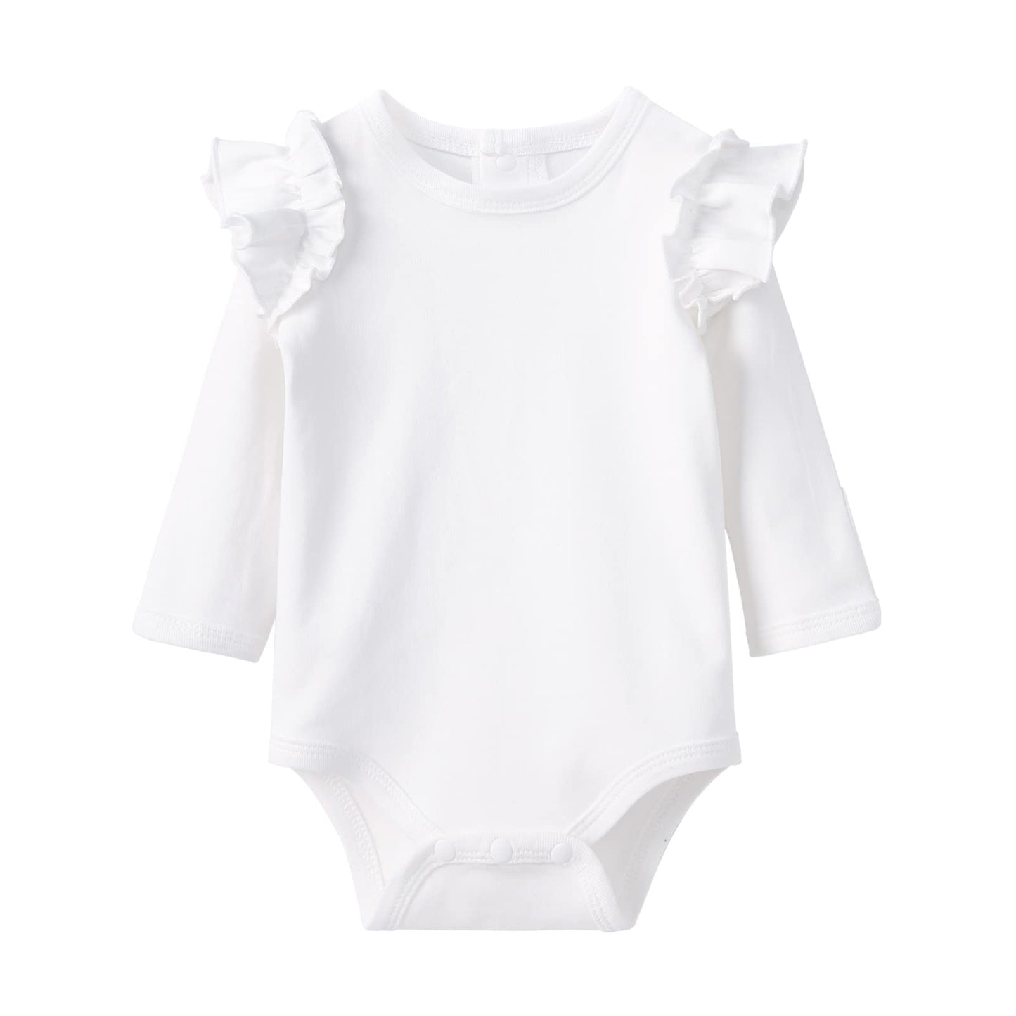 Pureborn Baby Girls Organic Cotton Bodysuit Infant Girl Long Sleeve Ruffle Shoulder White Spring Fall Bodysuit 9-12 Months