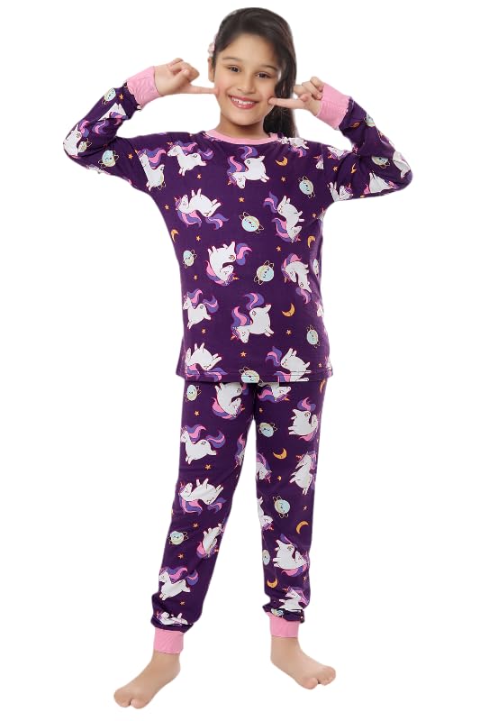 Ninos Dreams 100% Cotton Full Sleeves Night Suit/Night Dress/Coord Set/Loungewear for Girls  Purple Unicorn