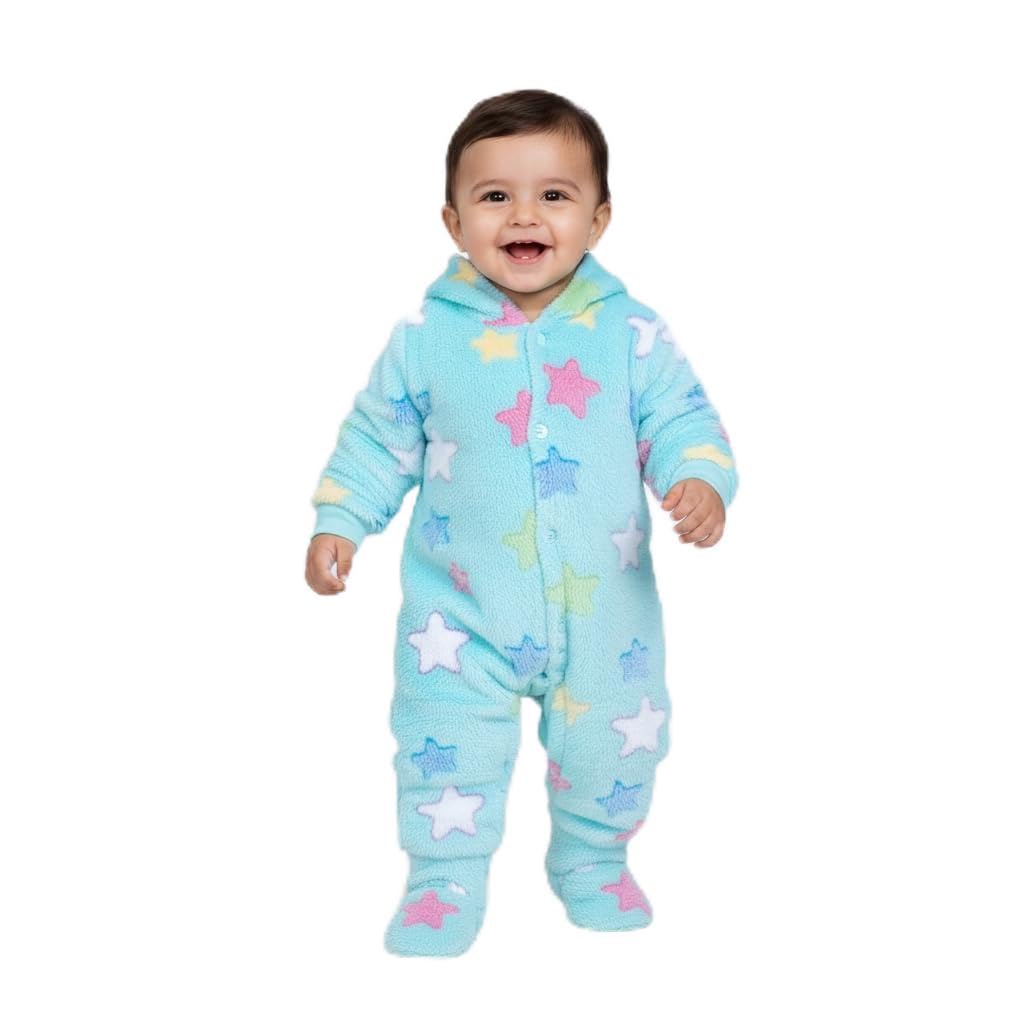 Lil Shark Winter Rompers With Hood For Baby Boys & Girls  Cozy Cotton Blend With Snap Buttons | Printed Blue| 03M