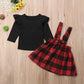 Mubineo Toddler Baby Girl Infant Plain T Shirts Plaid Overall Skirt Set Cotton Outfits (Black+Red, 2-3T)