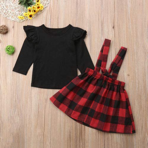 Mubineo Toddler Baby Girl Infant Plain T Shirts Plaid Overall Skirt Set Cotton Outfits (Black+Red, 2-3T)