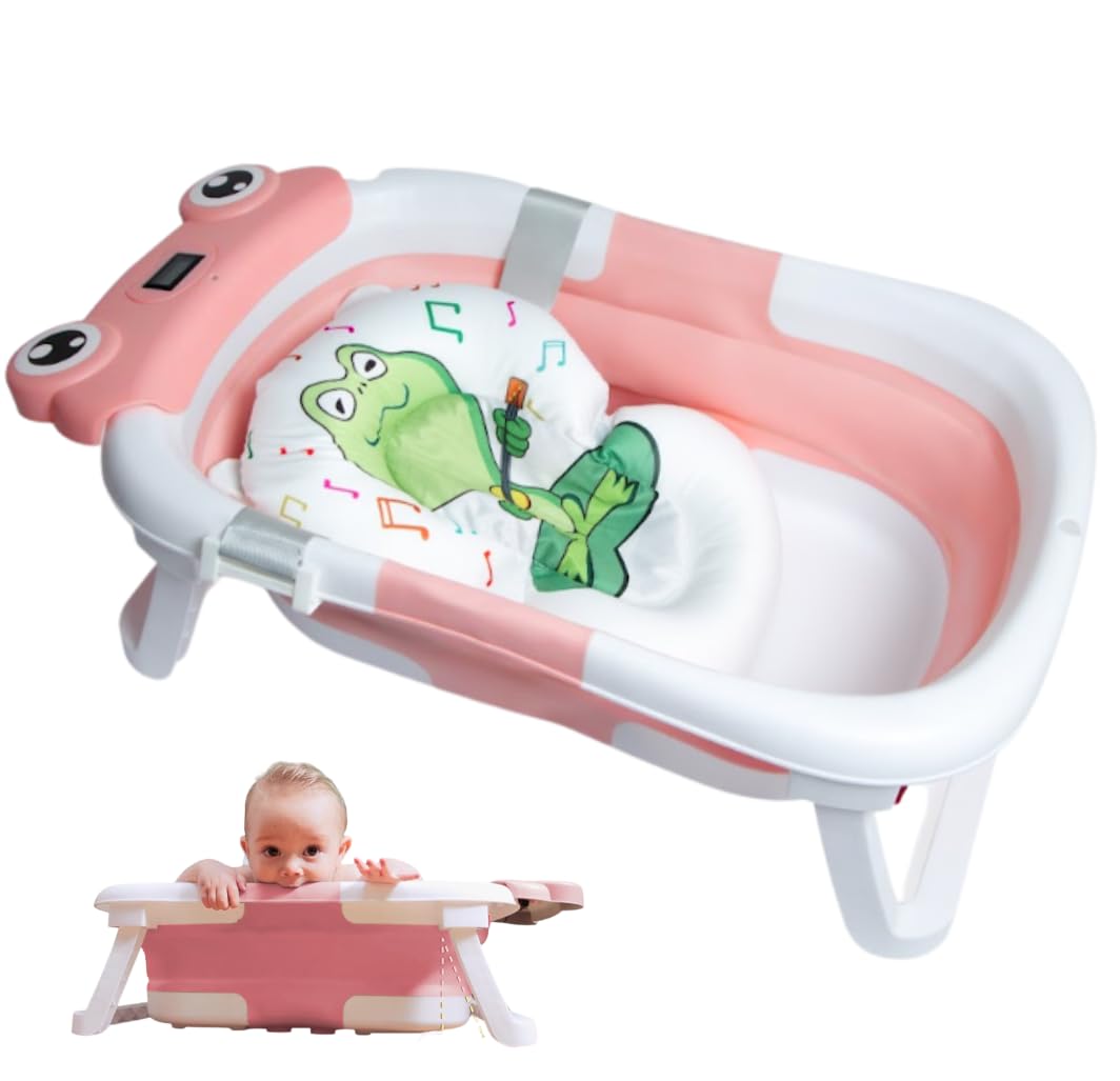 Rylor Baby Bathtub for Newborns & Infants 0-12 Months - Foldable, Compact, Non-Slip Bath Tub with Adjustable Cushion - Safe & Co