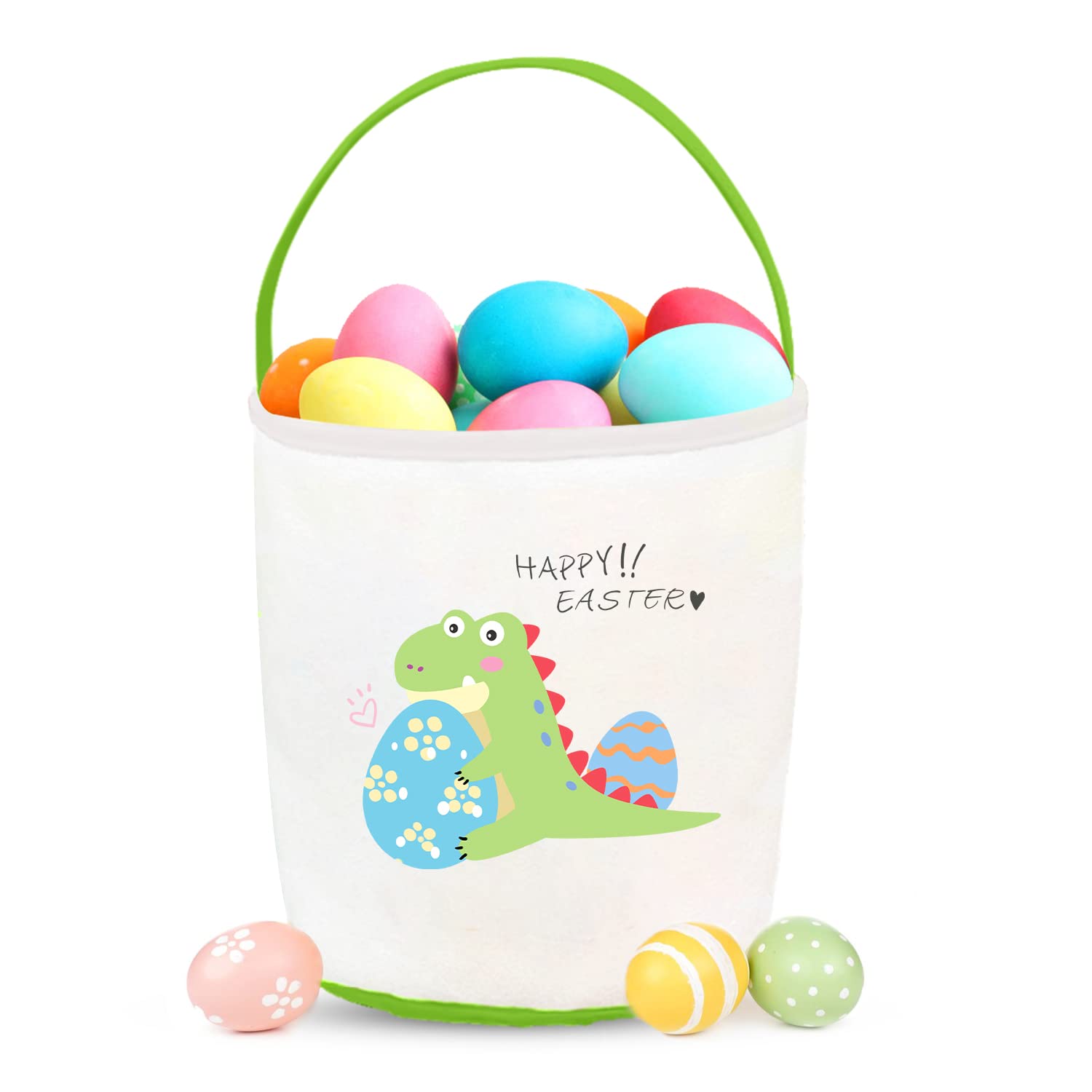 Cerlaza Easter Gift Basket Empty For Kids Canvas Tote, Easter Dinosaur Holding Eggs Hunt Basket With Handle For Toys Carrying, C