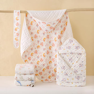 Baby Hooded Towel 80x80 cm | 6 Layer Muslin White Soft Absorbent Bath Towel Blanket for Newborn, Infant & Toddler|Hooded Swaddle