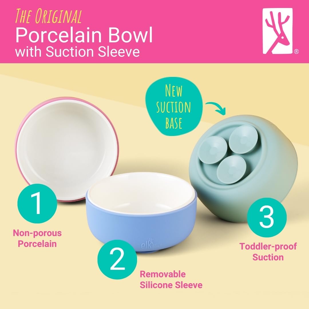 Elk And Friends Kids Porcelain Bowls With Silicone Suction Sleeve | Kids/Toddler/Baby Feeding | Microwave & Dishwasher Safe | No