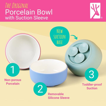 Elk And Friends Kids Porcelain Bowls With Silicone Suction Sleeve | Kids/Toddler/Baby Feeding | Microwave & Dishwasher Safe | No