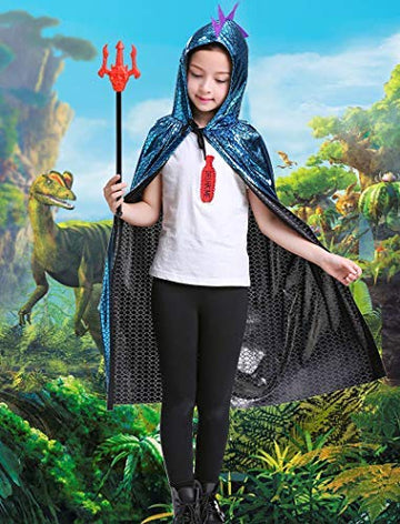 Boys Girls Kids Dinosaur Cape Dragon Hooded Cloak Halloween Costume Christmas Fancy Cape Cosplay Costumes (Blue)