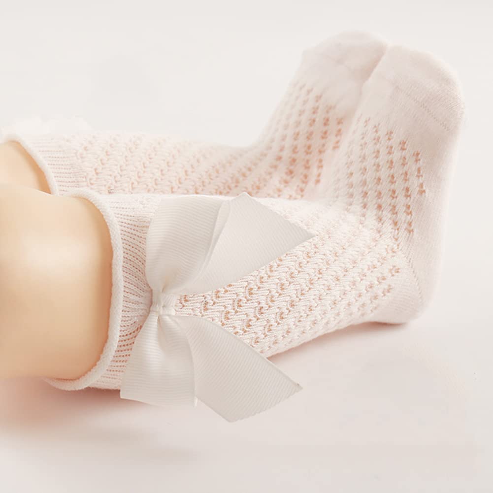 Qandsweet Baby Girl Knee-High Socks Toddlers Bow Stockings Newborn Infant Sock (0-12 Months,Hollow-5 Pairs)